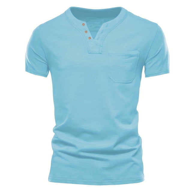 pstuiky camisetas de hombre, Camiseta de cuello en V con botones y bolsillo versátil de color liso para hombre camisas casuales para hombre s