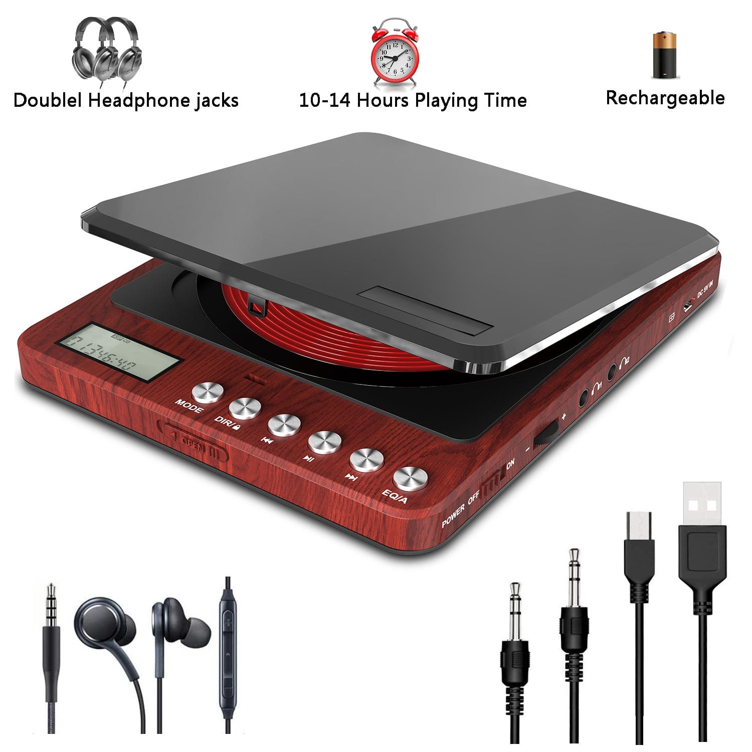 Portable CD Player, CW04 with LCD Display, Stereo Earbuds and USB Power Cable, Anti-Shock Function - Black