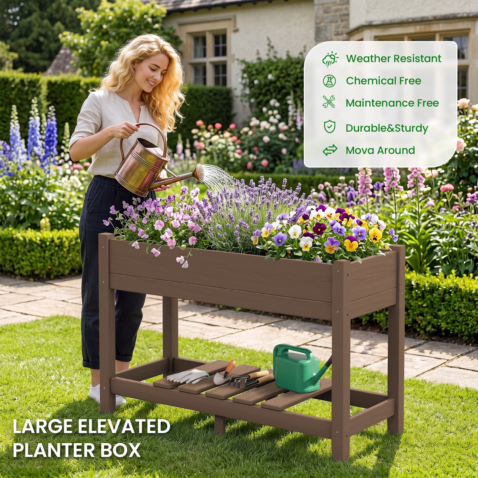 SERWALL HDPE Raised Garden Bed with Legs, 43"x16"x30" Elevated Planter Box, Outdoor Planter for Vegetables Flowers, 2-Piece, Brown