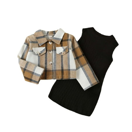 

Dezsed 12M-5Y Toddler Girl Winter Clothes Plaid Brushed Coat Sleeveless Knitted Dress Two-Piece Girls Suit Kids Clothes Girls School Outfits Xmas Gift On Clearance