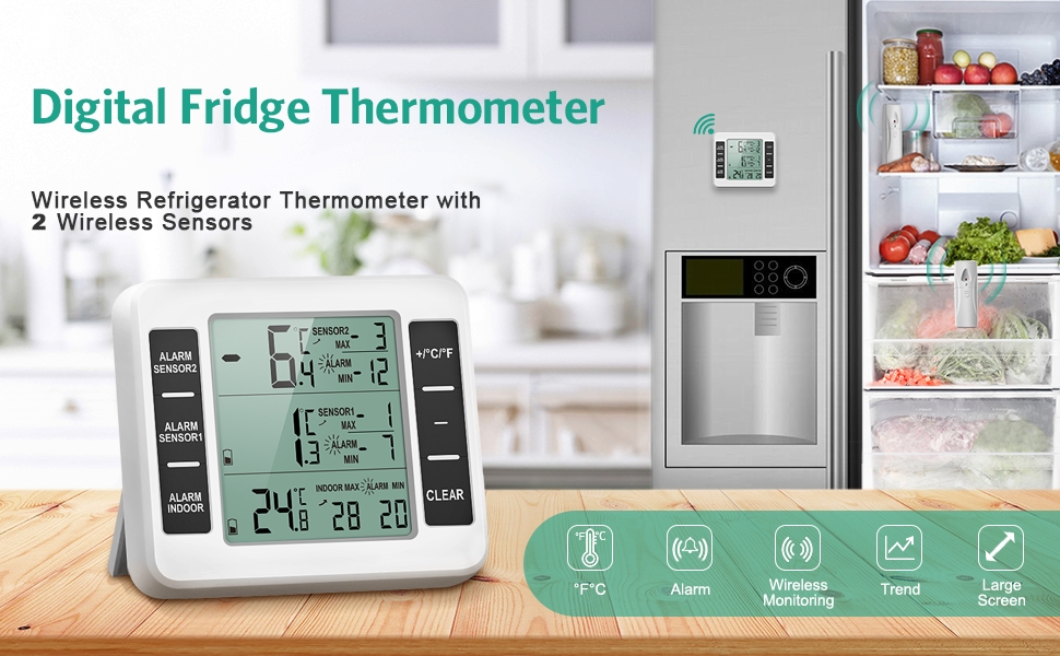 Refrigerator thermometer, one to two, household wireless indoor and outdoor thermometer with 2 sensors, alarm display, wireless indoor and outdoor thermometer,1 drag 1