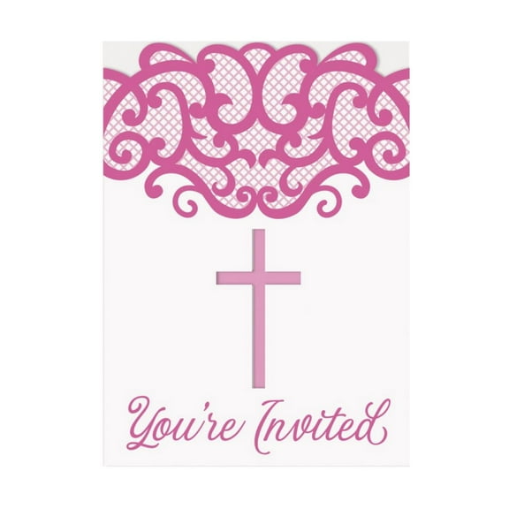 Fancy Pink Cross 8 Ct Invitations Baptism Confirmation Communion