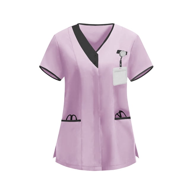 Blusas médicas para mujer, modernas, con bloques de color, de manga corta, informales, con cuello en V y botones, con bolsillos