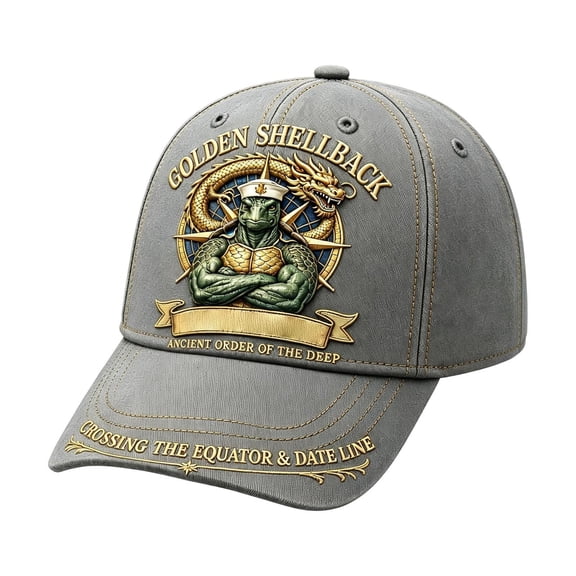 Golden Shellback Embroidered Baseball Cap, Vintage Adjustable Low Profile Dad Hat, Breathable Cotton Casual Outdoor Sun Hat for Men Grey