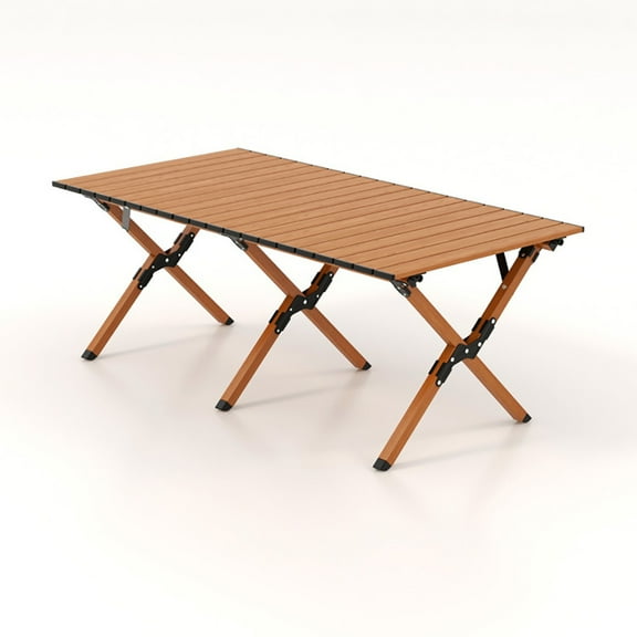 Resenkos Folding Lightweight Aluminum Camping Table with Wood Grain-L,Folding Dining Table for Patio Pool Park Outdoor