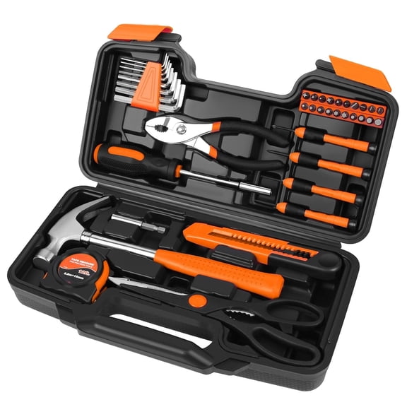 Tool Set Box - Hand Tool Kit & Accessories For General Household DIY Home Repair with Plastic Toolbox Storage Organizer Case - Homeowner's Tool Kit (Orange & Black)