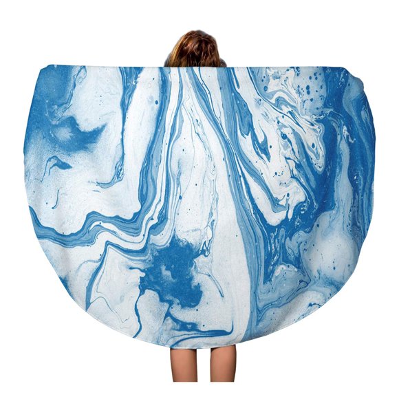 JSDART 60 inch Round Beach Towel Blanket Abstract Artistic Marble Effect Painting Mixed Bright Blue Travel Circle Circular Towels Mat Tapestry Beach Throw
