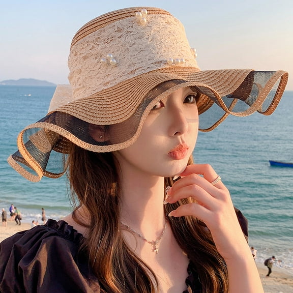 SikaFu Summer New Lace Pearl Sun Hat Fashion Sun Hat Seaside Holiday Bow Ribbon Straw Hat Lady