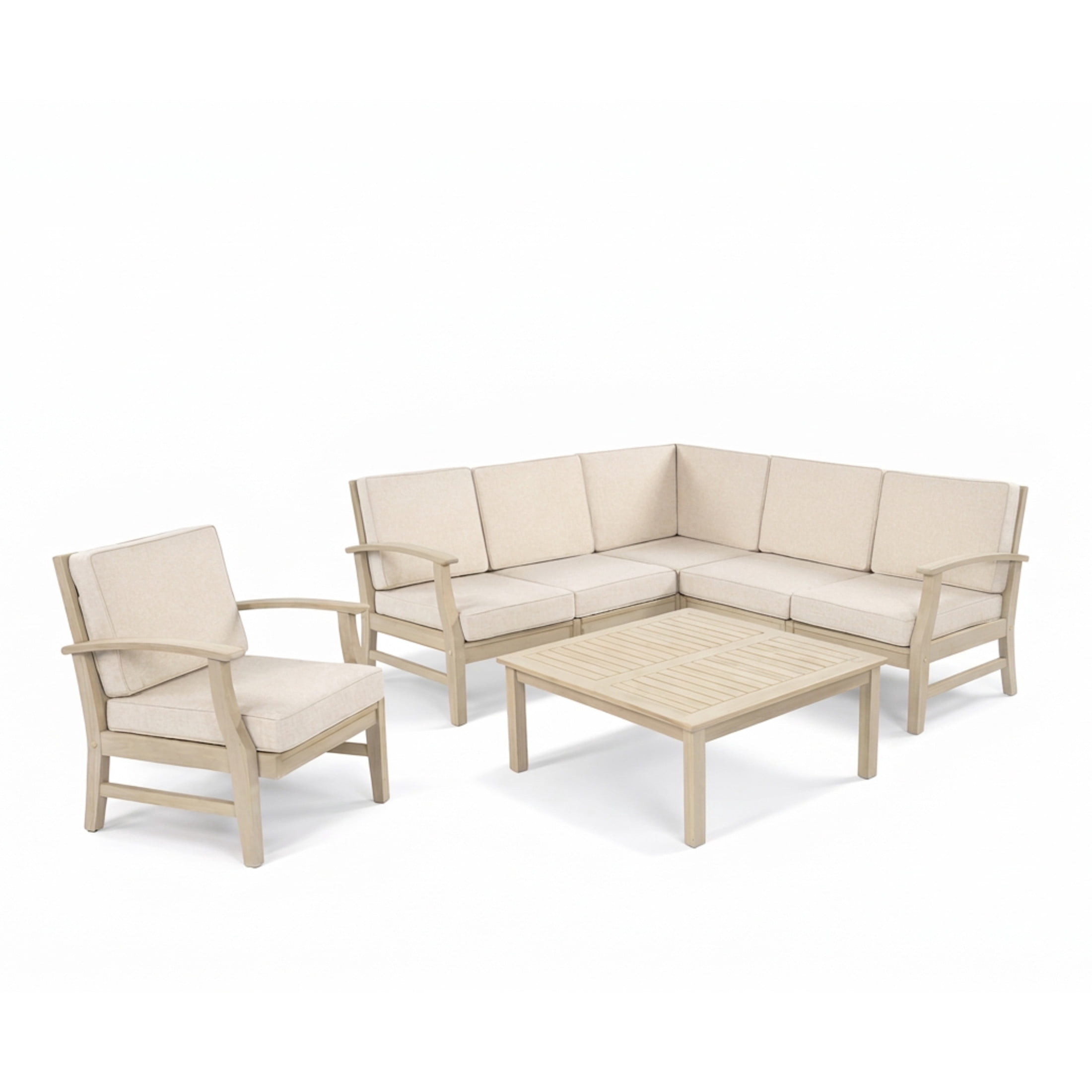 Christopher Knight Home 6-Seater Outdoor Sectional Sofa Set with Table, Sand Cushions, Light White Finish