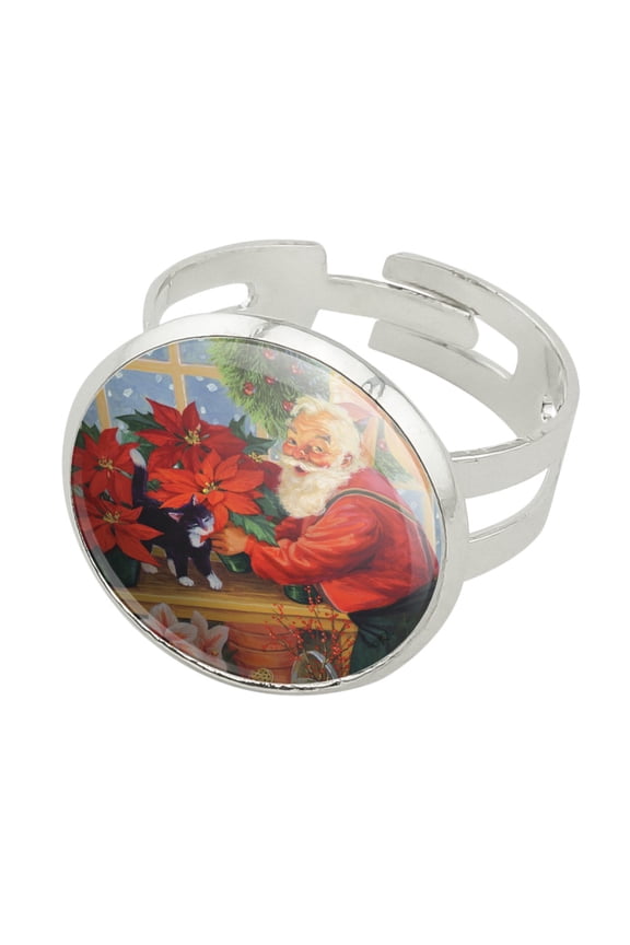 Christmas Holiday Santa in the Greenhouse Silver Plated Adjustable Novelty Ring