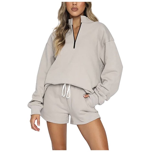Ketyyh-chn99 Ensembles Courts pour Femmes Dames Shorts Hauts Mode Uni Manches Courtes Col Rond Pantalon à Cordon Chemises Ensembles Gris,m