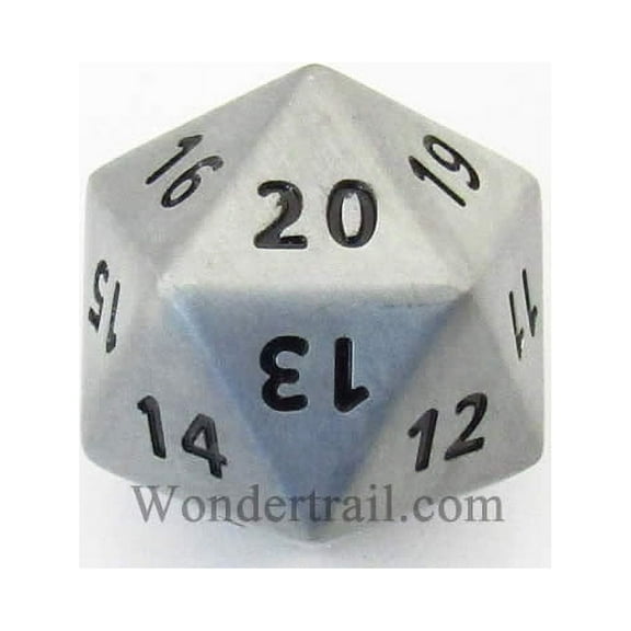 Antique Silver Coloered Metal Die with Black Numbers D20 33mm (1.3in) Pack of 1 Crystal Caste
