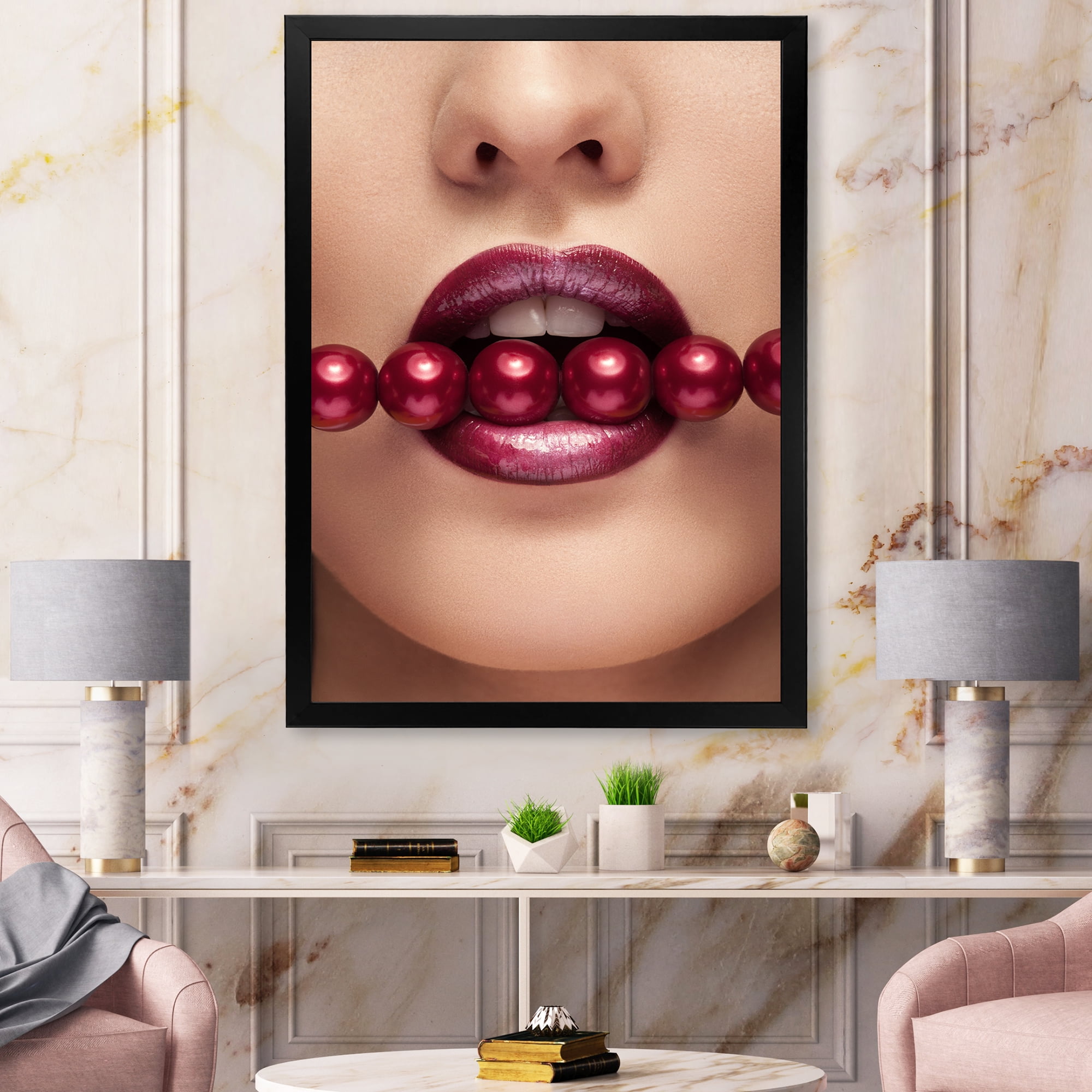 Designart 'Girl With Red Pearls In Mouth In A Sensual Pose' Modern Framed Art Print
