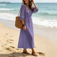 thumbnail image 4 of Karymi Wedding Guest Dresses for Women Solid Bohemian Maxi Dress, Ruffle V Neck Lace-Up Front 3/4 Puff Sleeve Elastic Waist Flowy Beach Vacation Sundress Spring Dresses for Women, 4 of 6