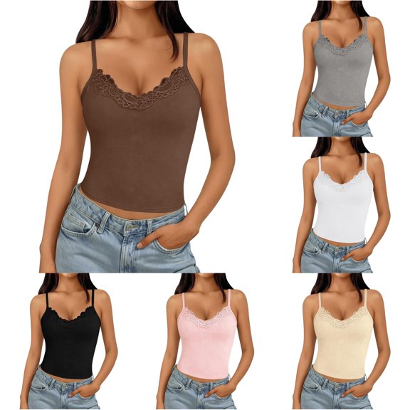 HAYIMI Women Lady V Neck Lace Patchwork Tank Tops With Straps Summer Solid Color Sleeveless Versatile Camisole
