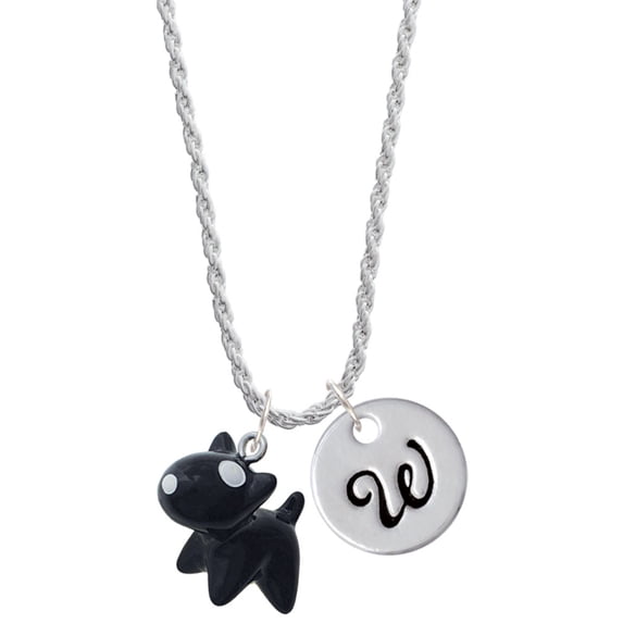 Delight Jewelry Resin Black Bull Terrier Dog Silvertone Script Initial Disc - W - Charm Necklace, 20"+3"