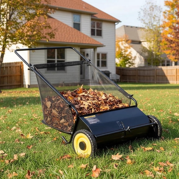 Memoryfield 26" Push Lawn Sweeper with 4 Spinning Brushes, 7 Cu.ft Large Capacity Collector, Adjustable Height Yard Leaf Sweeper for Lawn, Garden & Patio Cleanup, Black & Yellow
