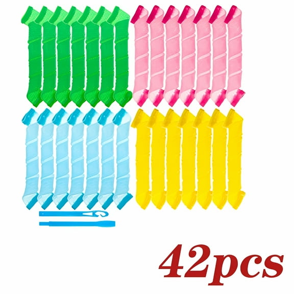 RAGUPEL 40 Pieces Heatless Curlers No Heat Spiral Curls Hair Curlers Styling Kit with 2 Pieces Styling Hooks for Most Kinds of Hairstyles (Pink Blue Yellow Green, 30 cm)