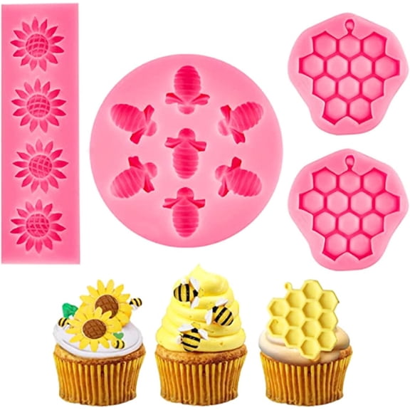 Bee Silicone Mold & Honeycomb Mold Set,4 Pcs Bumble Bee Sunflower Fondant Molds for Cake Decorating,Chocolate,Candy,Resin Crafts - Food Grade Baking Mold Kit