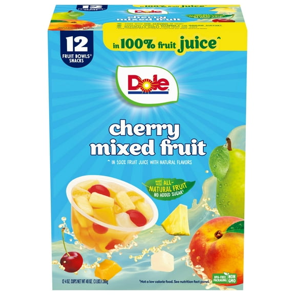 Dole Fruit Bowls Cherry Mixed Fruit in 100% Fruit Juice, 4 oz Cups (12 Pack)