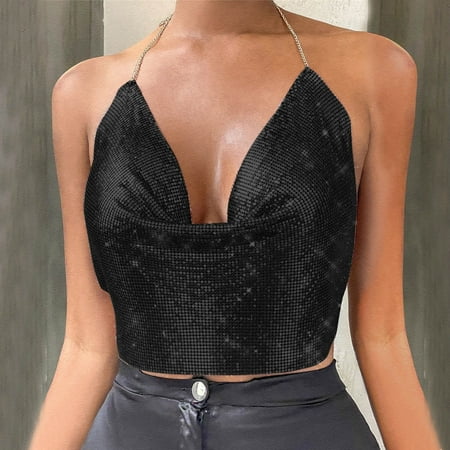 SNKSDGM Female Women s Tank Tops Loose fit Long Spaghetti Strap Tank Top with Built in Bra Women Chain Sexy Clothes Beading Adjustable Sleeveless Backless Crop Top Club Vintage Tank Tops S