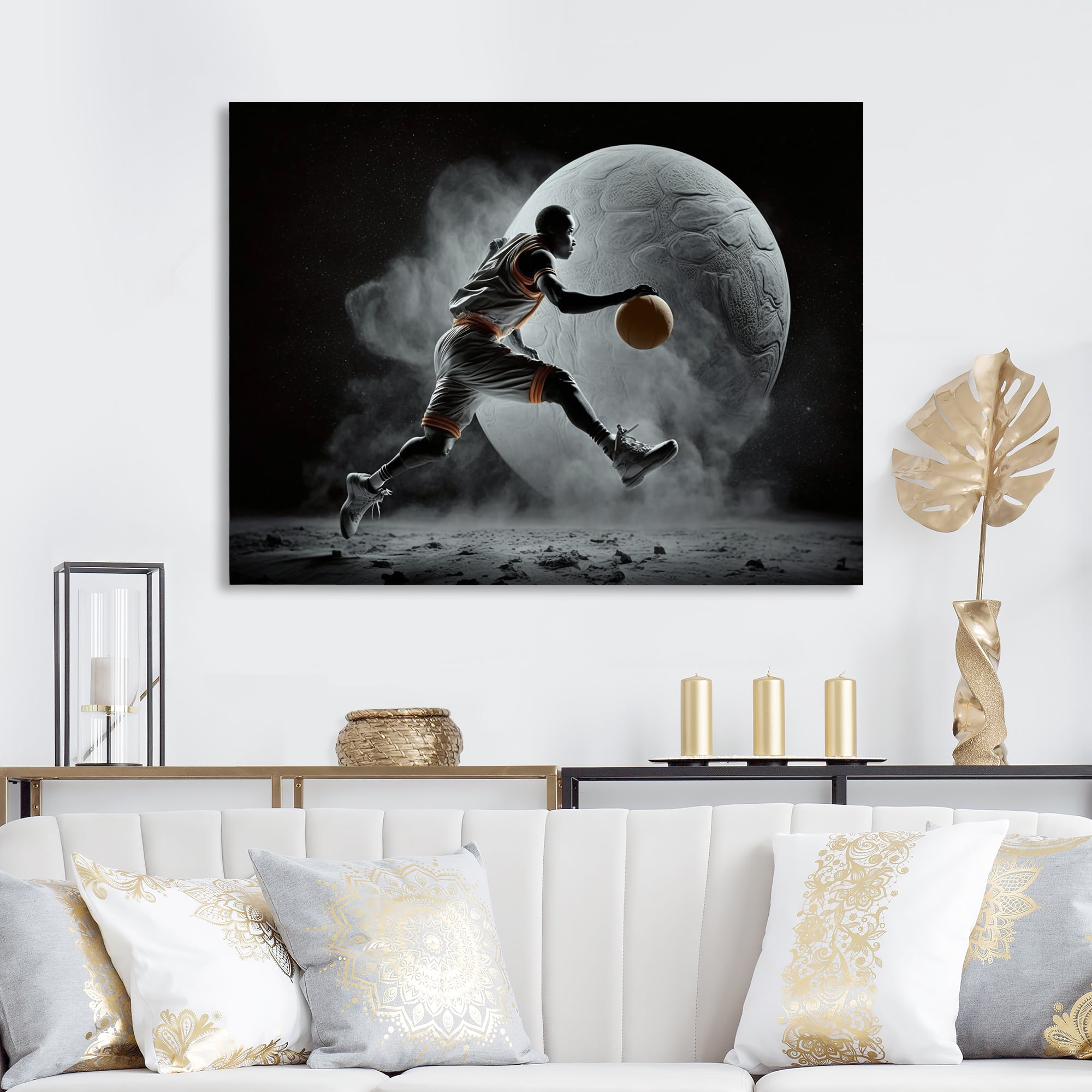 Designart Basket Ball On The Moon Canvas Wall Art