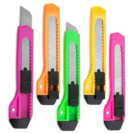 Plastic Retractable Utility Knife - Retractable Utility Knife - 5 Pack 6 Inch Manual-Lock Snap off Blade, Large Size Plastic Body 8 Points Snap Blade -Heavy Duty Stainless Steel Blade - By Katzco