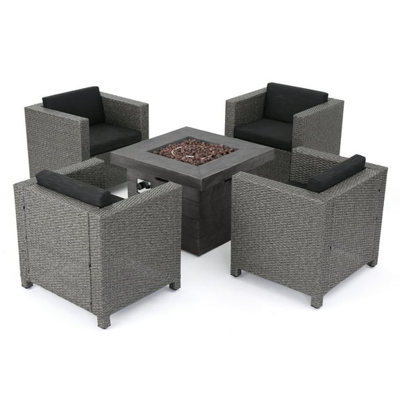 Portola Outdoor 4-Piece Wicker Club Chair Set with Cushions and Square Fire Pit, Mixed Black-Dark Grey-Grey