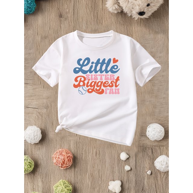 Camiseta de béisbol "Little Sister Biggest Fan" - Top de punto informal con aplique del alfabeto, elasticidad media, cuello redondo, manga corta, verano, corte estándar, cuna
