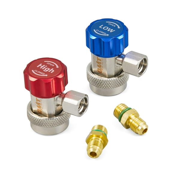 Orion Motor Tech R134a Quick Coupler Adapter, Adjustable R134a Adapters and AC Hose Fittings, HP and LP Connectors for R134a Car AC System Evacuation Recharging and More, 1/4" Flares, Set of 2