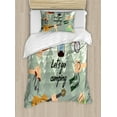 thumbnail image 1 of Happy Camper Duvet Cover Set Twin Size, Let's Go Camping Typography with Hands Holding Items and a Forest on the Back, Decorative 2 Piece Bedding Set with 1 Pillow Sham, Multicolor, by Ambesonne, 1 of 3