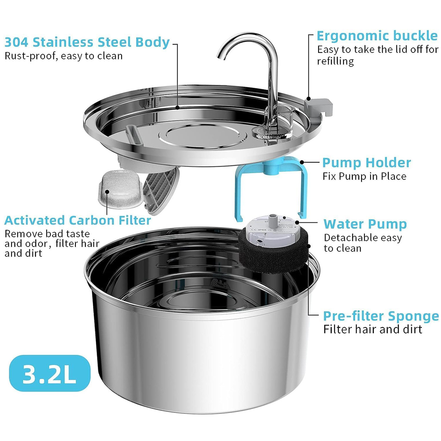 Petavista 3.2L/108oz Stainless Steel Cat Water fountain with Slient pump Suitable for cats and dogs
