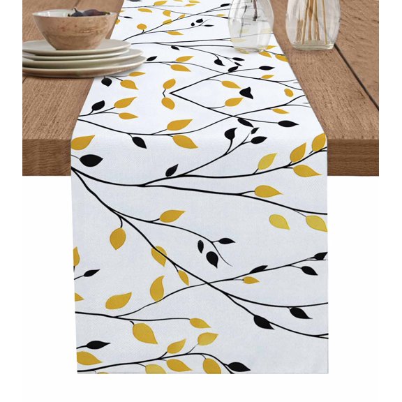 Yellow Black Branches Table Runner 72 Inches, Spring Rusitc Botanical Leaves Bed Runner Dresser Scarves Tabletop for Indoor Outdoor Parties/Ceremony/Banquet, 14" x 72"