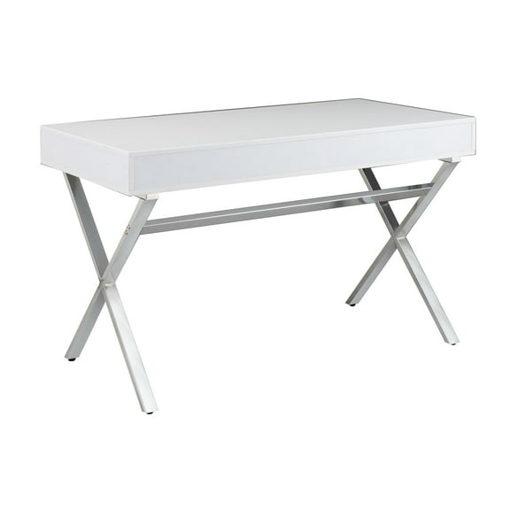 Benjara Gracie 47" Desk- White Rectangular Top- 2 Drawers- Chrome Metal Legs