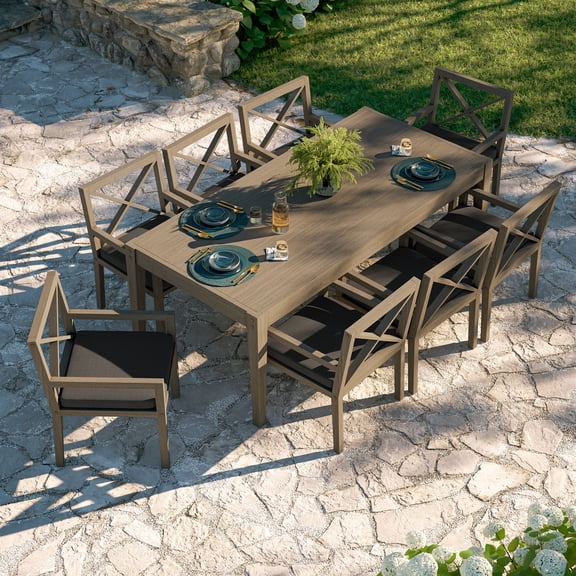 Modway Northlake 9-Piece Outdoor Teak Wood Dining Set in Weathered Gray Flint