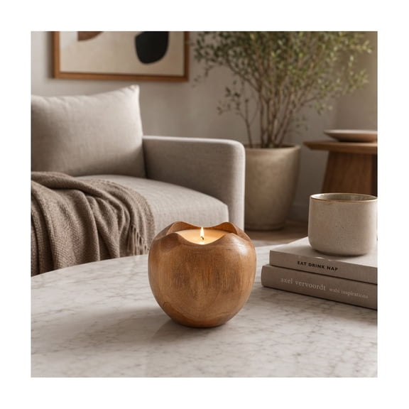Round Teak Wood Scented Bowl Candle for Men and Women - Decorative Small Pillar and Votive Candle for Large Home Display - Indoor and Outdoor Safe for Living Room, Bedroom, or Bathroom - 7", Brown