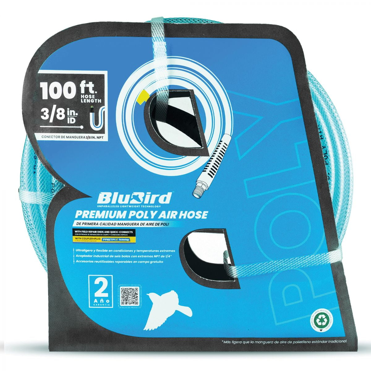 BluBird 3/8" x 100' Polyurethane Air Hose – Lightweight, 300 PSI, Brass Fittings, Non-Marking, Flexible -40°F to +165°F, Kink & Abrasion Resistant, Ozone Resistant – 2 Yr Warranty
