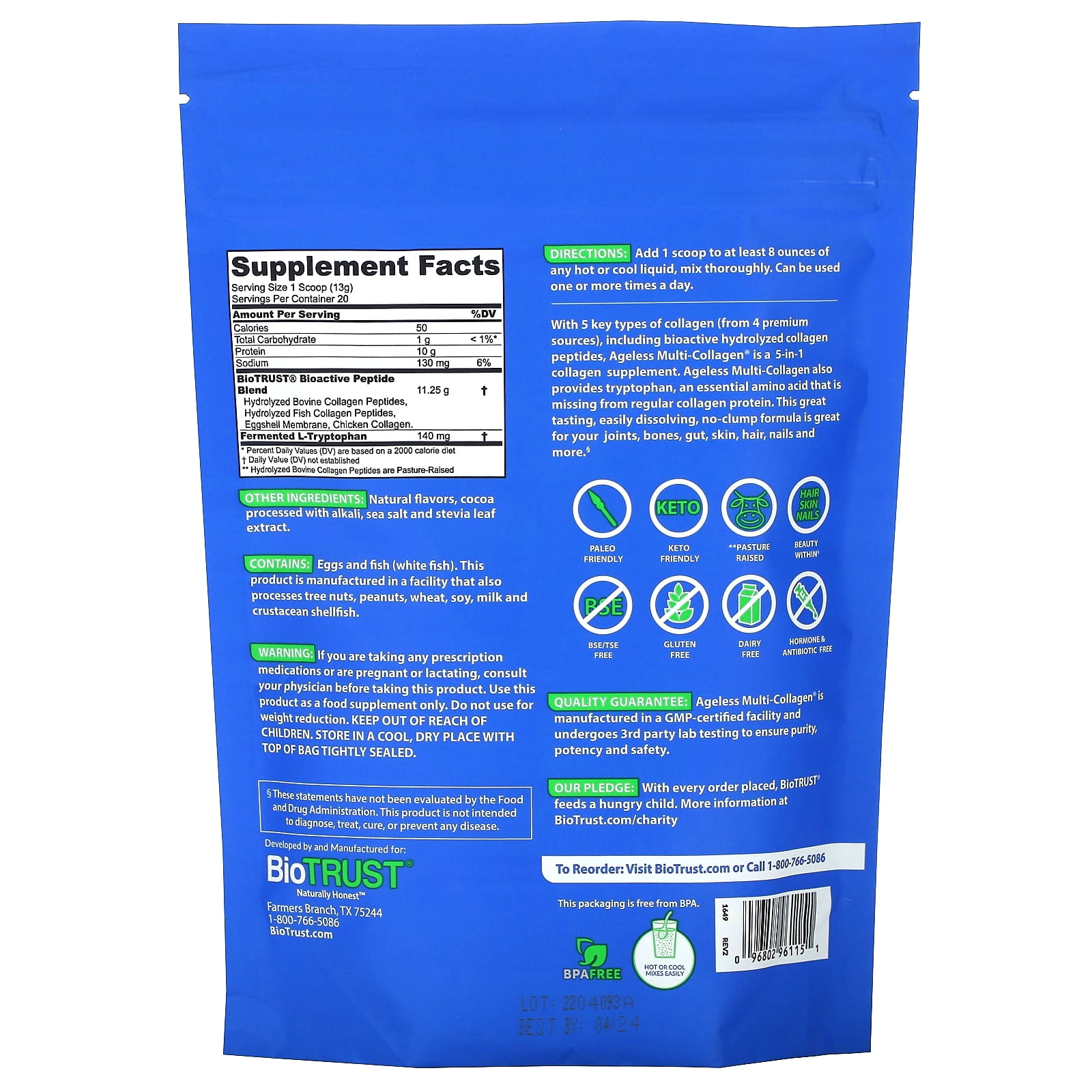 BioTrust Ageless Multi Collagen Protein a 5-in-1 Collagen Powder, 5 Collagen Types, Hydrolyzed Collagen Peptides, Grass-Fed Beef, Sustainable Fish, Chicken and Eggshell Membrane (Chocolate)