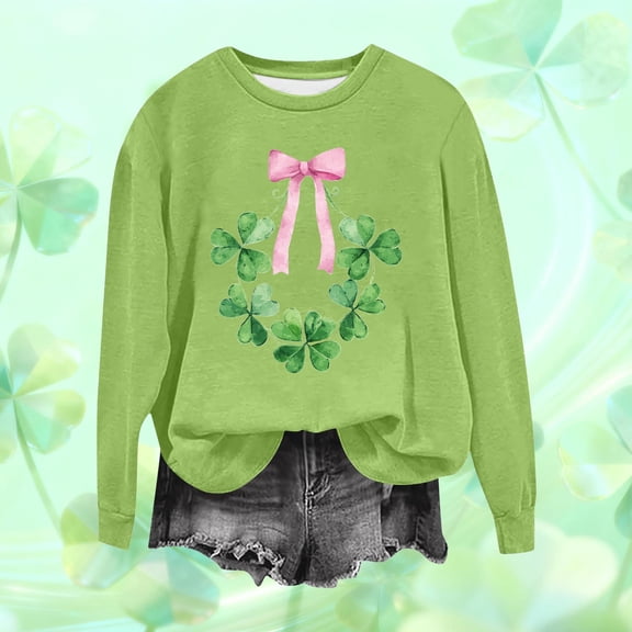 Uootdi St Patrick's Day Long Sleeve Shirts for Women Colorful Irish Clover Leaf Crewneck Tops Lucky Shamrock Casual Dressy Blouses Gift