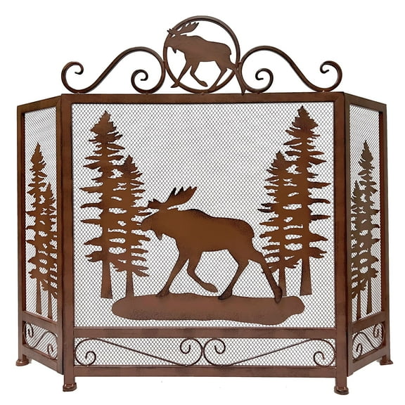 Moose Forest Metal 3 Panel Fireplace Screen Lodge Cabin Mountain Log Home Decor