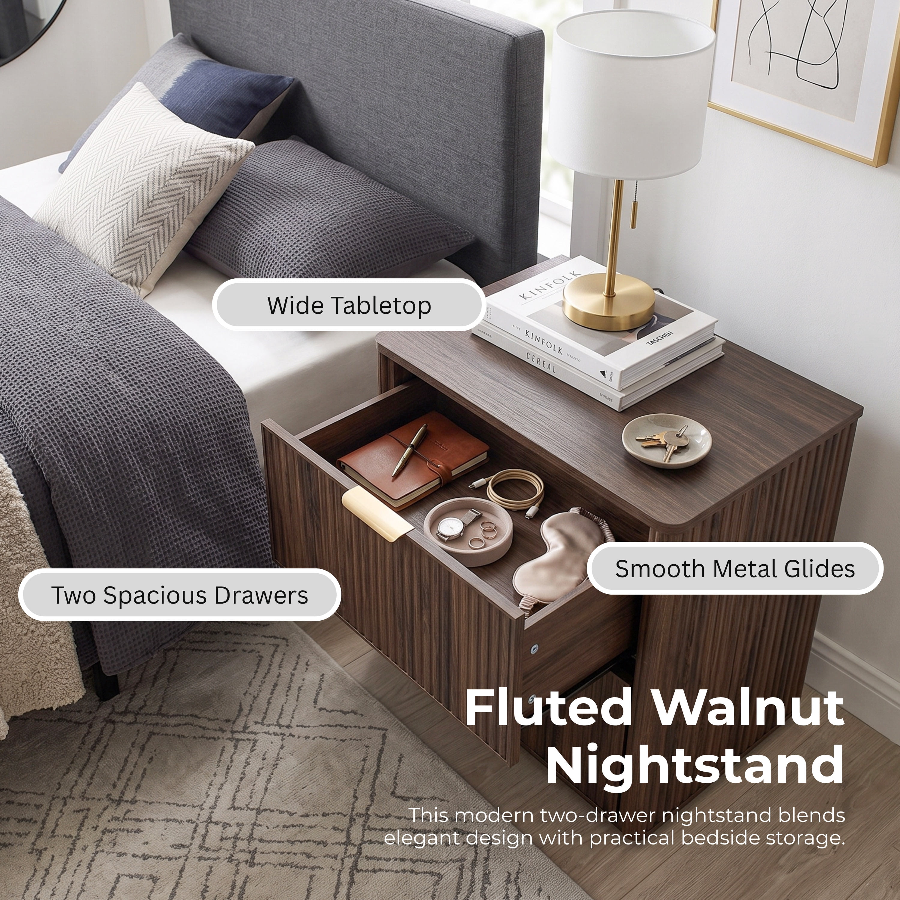 Furniture of America Zerik Modern Wood 2-Drawer Nightstand, Walnut