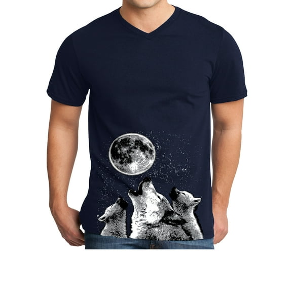 Mens Wolves with Moon (bottom print) V-neck Tee Shirt - Navy, Extra Small
