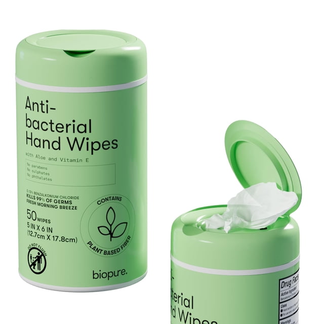 Toallitas húmedas antibacterianas BIOPURE con aloe y vitamina E, 50 unidades