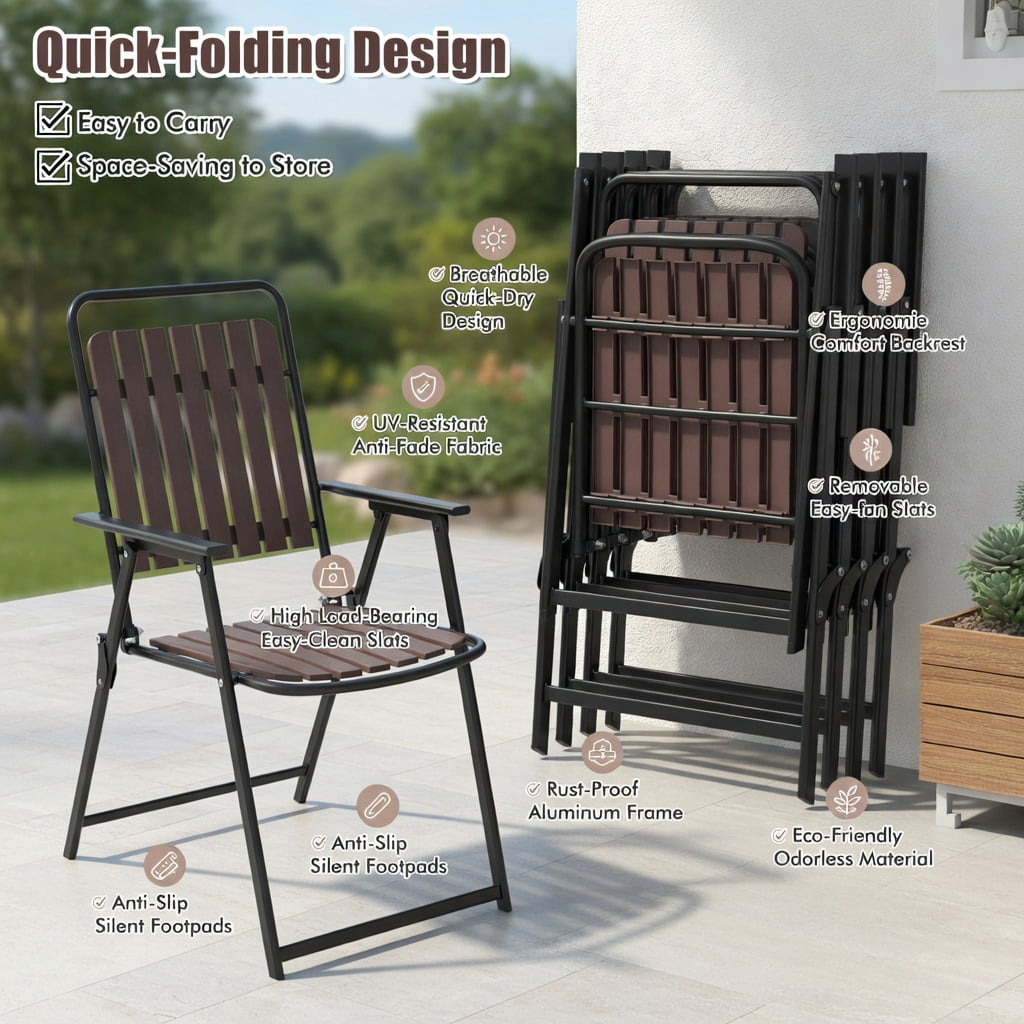 Hommoo 4-Pack Heavy-Duty Folding Patio Chairs, Breathable PP Seat & Back, Compact Foldable Design for Backyard, Balcony & Porch, Coffee Brown
