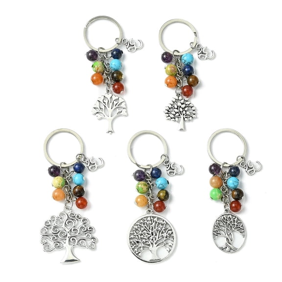 5pcs Natural & Gemstone Keychain Alloy Tree of Life Keychain 8.5~9.6cm Mixed Stone