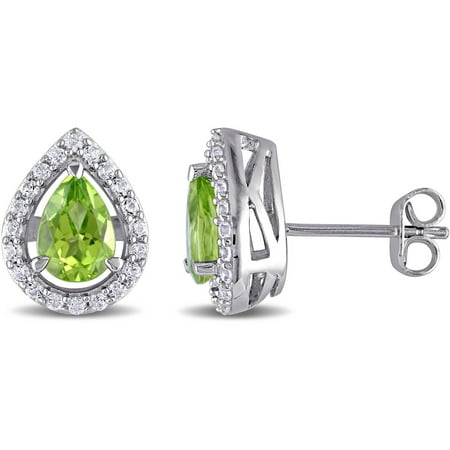 Tangelo 1-7/8 Carat T.G.W. Peridot and Created White Sapphire Sterling Silver Halo Stud Earrings
