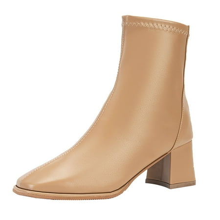 Fauean Womens Ankle Boots Fashion Leather Shoes Autumn Thick Sole Booties with Back Zipper Khaki Size 40
