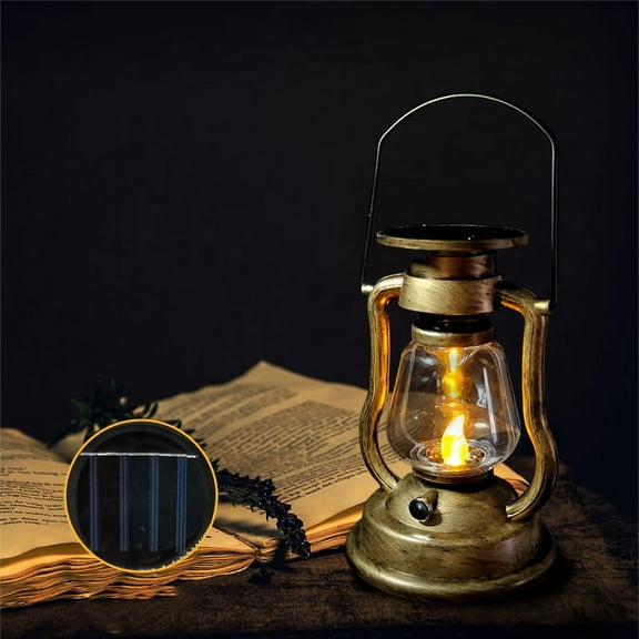 Retro Solar Hanging Candle Light LEDs Oil Lamp Flickering Flameless Lantern Outdoor Garden Yard Lighting-Gold
