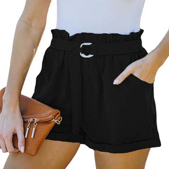 Pantalones cortos de verano de talle alto para mujer, pantalones cortos informales con cintura elástica y volantes, con cinturón de bolsillos