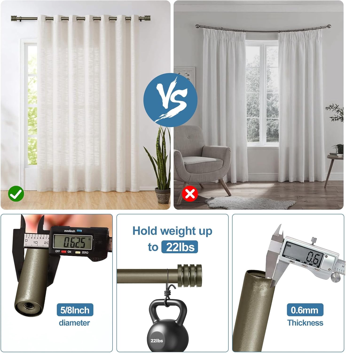 Urbanest Adjustable Single Curtain Rod Set Aspire Finials – 5/8-Inch Diameter, With Antique Gold Rod, 28–48 Inches